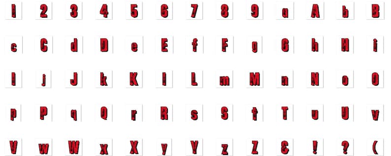 Puede incluir: Letras y n&uacute;meros del alfabeto rojo y blanco con contorno negro. Las letras y los n&uacute;meros est&aacute;n en una fuente en negrita, de bloque.