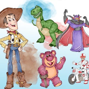 May include: A digital illustration featuring five characters: a cowboy in a yellow plaid shirt and brown hat, a green dinosaur, a purple villain in a cape, a pink bear holding a mallet, and a person in a white racing suit riding a motorcycle.