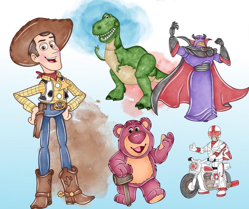 May include: A digital illustration featuring five characters: a cowboy in a yellow plaid shirt and brown hat, a green dinosaur, a purple villain in a cape, a pink bear holding a mallet, and a person in a white racing suit riding a motorcycle.