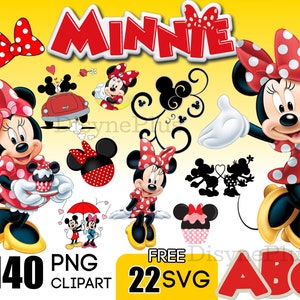 May include: A set of 140 Minnie Mouse PNG clipart images and 22 free SVG files. The images feature Minnie Mouse in various poses, including holding a cupcake, wearing a red dress with white polka dots, and holding a red bow. The images also include a red car, a red bow, and a black and white silhouette of Minnie Mouse and Mickey Mouse.