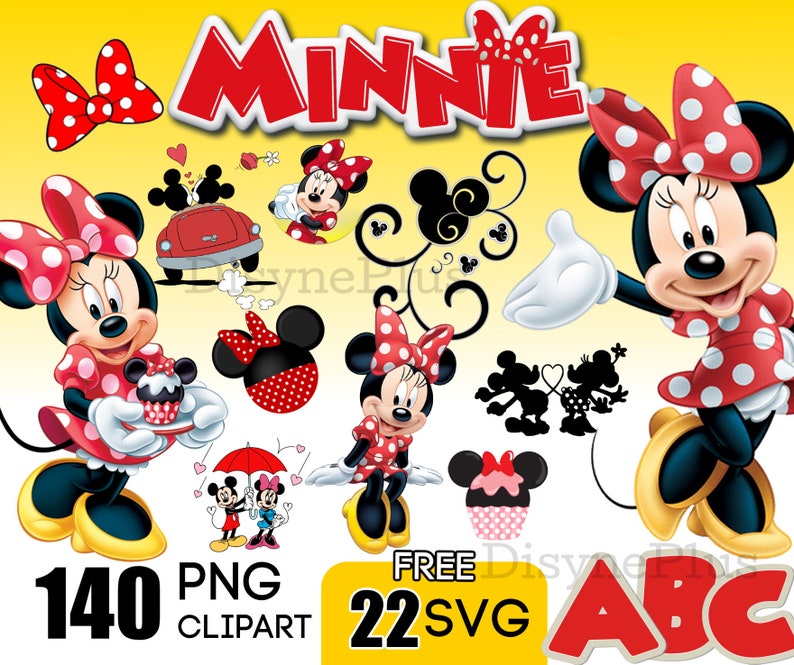 May include: A set of 140 Minnie Mouse PNG clipart images and 22 free SVG files. The images feature Minnie Mouse in various poses, including holding a cupcake, wearing a red dress with white polka dots, and holding a red bow. The images also include a red car, a red bow, and a black and white silhouette of Minnie Mouse and Mickey Mouse.