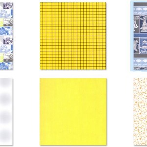 May include: Six different patterns for wrapping paper. The patterns include a grid, a solid color, a pattern of stars and swirls, a pattern of clouds, a pattern of comic book panels, and a pattern of aliens and spaceships.