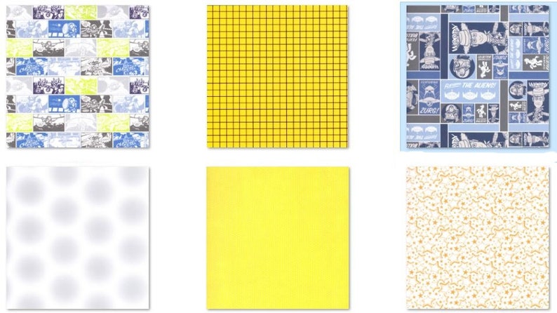 May include: Six different patterns for wrapping paper. The patterns include a grid, a solid color, a pattern of stars and swirls, a pattern of clouds, a pattern of comic book panels, and a pattern of aliens and spaceships.