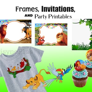 May include: Printable party decorations featuring The Lion King characters. Includes frames, invitations, a t-shirt design, and cupcake toppers. The designs feature Simba, Nala, Pumbaa, Timon, and Zazu.