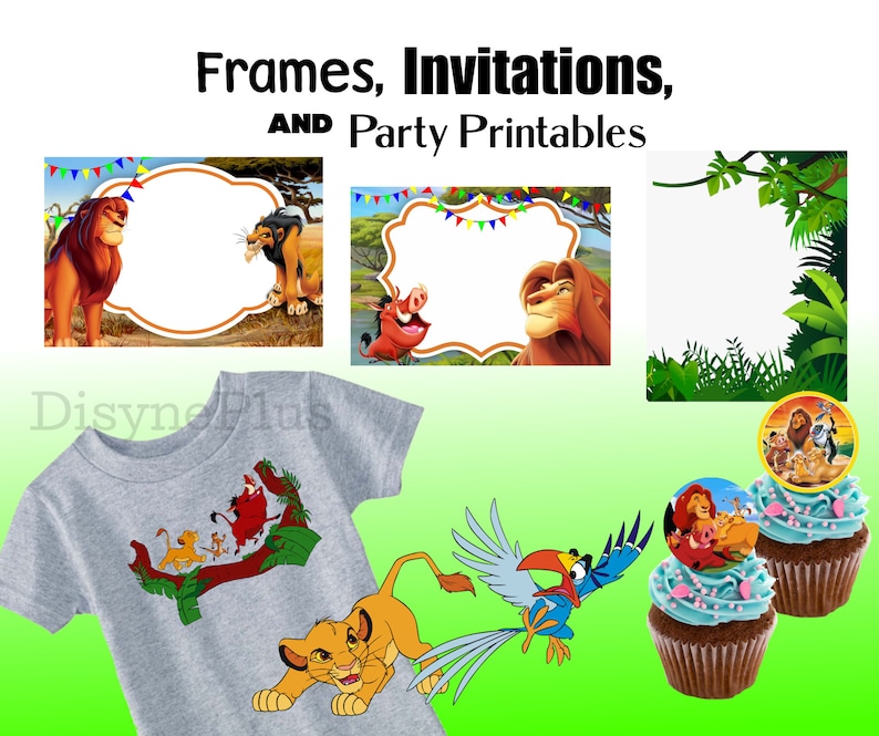 May include: Printable party decorations featuring The Lion King characters. Includes frames, invitations, a t-shirt design, and cupcake toppers. The designs feature Simba, Nala, Pumbaa, Timon, and Zazu.