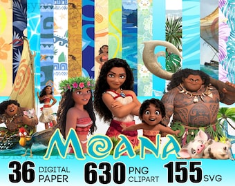モアナ デジタル ペーパー、モアナ SVG png クリップアート、モアナ バースデー、モアナ アート、マウイ クリップアート、モアナ PNG