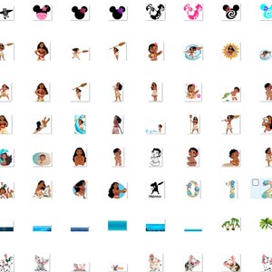 May include: A set of digital stickers featuring a cartoon character from the Disney movie Moana. The stickers include the character Moana, a pig, a rooster, a crab, a turtle, a fish, a dolphin, a shark, a whale, a boat, a flower, a sun, a wave, a beach, a palm tree, a coconut, a pineapple, a number 0 through 9, and a Mickey Mouse head.