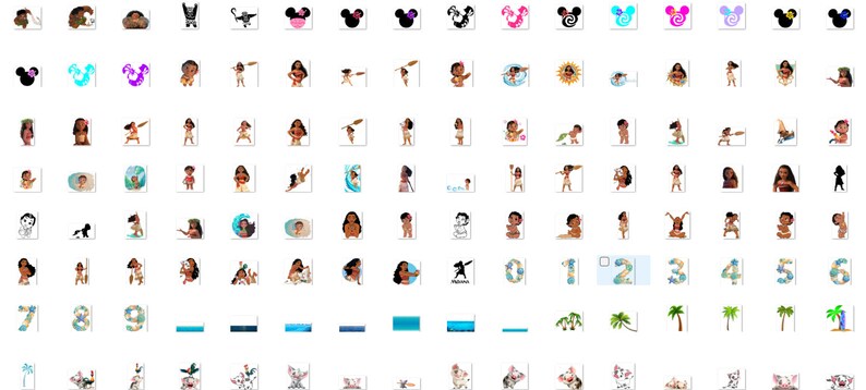 May include: A set of digital stickers featuring a cartoon character from the Disney movie Moana. The stickers include the character Moana, a pig, a rooster, a crab, a turtle, a fish, a dolphin, a shark, a whale, a boat, a flower, a sun, a wave, a beach, a palm tree, a coconut, a pineapple, a number 0 through 9, and a Mickey Mouse head.