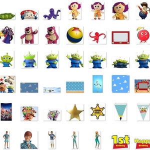 May include: A set of Toy Story party decorations featuring characters like Woody, Buzz Lightyear, Jessie, and Rex. The decorations include banners, cupcake toppers, and party favors. The set is perfect for a Toy Story themed birthday party.