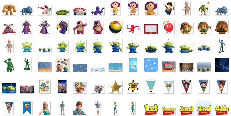 May include: A set of Toy Story party decorations featuring characters like Woody, Buzz Lightyear, Jessie, and Rex. The decorations include banners, cupcake toppers, and party favors. The set is perfect for a Toy Story themed birthday party.