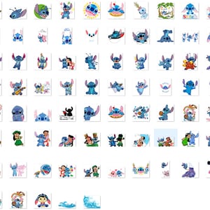 May include: A collection of 100 colorful digital stickers featuring Stitch, the blue alien character from the Disney movie Lilo & Stitch. The stickers depict Stitch in various poses and expressions, including playing music, wearing a lei, and holding a surfboard. The stickers are perfect for adding a touch of fun and whimsy to digital projects.