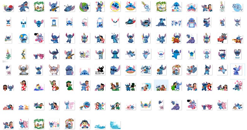 May include: A collection of 100 colorful digital stickers featuring Stitch, the blue alien character from the Disney movie Lilo & Stitch. The stickers depict Stitch in various poses and expressions, including playing music, wearing a lei, and holding a surfboard. The stickers are perfect for adding a touch of fun and whimsy to digital projects.