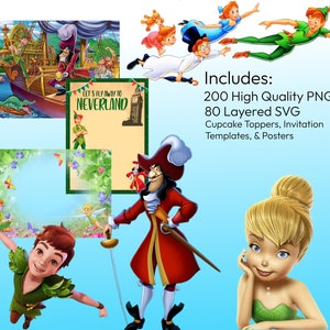 May include: A digital clipart set featuring characters from Peter Pan, including Peter Pan, Captain Hook, Tinkerbell, and the Lost Boys. The set includes 200 high quality PNG files and 80 layered SVG files. The text "Let's fly away to Neverland" is included in the image.