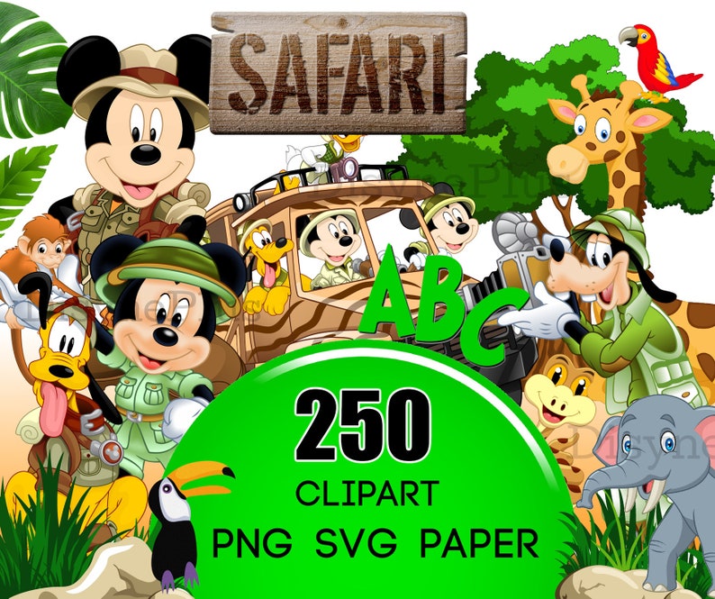 May include: A set of 250 safari-themed clipart images featuring Mickey Mouse, Minnie Mouse, Goofy, Donald Duck, and other Disney characters. The clipart is available in PNG and SVG formats and is perfect for creating invitations, party decorations, and other crafts.
