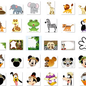 Op de afbeelding: Een set digitale afbeeldingen met cartoondieren, Mickey Mouse-personages en safari-thema achtergronden. De afbeeldingen zijn perfect voor het maken van uitnodigingen, feestdecoraties of scrapbooking-projecten.