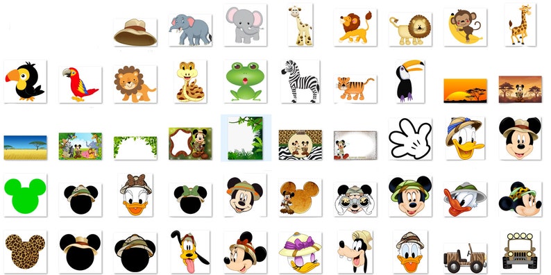 Op de afbeelding: Een set digitale afbeeldingen met cartoondieren, Mickey Mouse-personages en safari-thema achtergronden. De afbeeldingen zijn perfect voor het maken van uitnodigingen, feestdecoraties of scrapbooking-projecten.