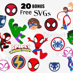 Puede incluir: Un conjunto de 20 SVG gratuitos de bonificaci&oacute;n con personajes de la serie animada "Spidey y sus incre&iacute;bles amigos". Los personajes incluyen Spidey, Ghost-Spider, Hulk, Black Panther y m&aacute;s. Los SVG son perfectos para crear manualidades personalizadas, decoraciones para fiestas y m&aacute;s.