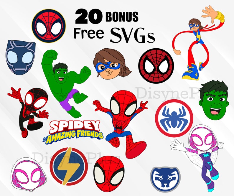 Puede incluir: Un conjunto de 20 SVG gratuitos de bonificaci&oacute;n con personajes de la serie animada "Spidey y sus incre&iacute;bles amigos". Los personajes incluyen Spidey, Ghost-Spider, Hulk, Black Panther y m&aacute;s. Los SVG son perfectos para crear manualidades personalizadas, decoraciones para fiestas y m&aacute;s.