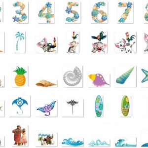 K&ouml;nnte beinhalten: Ein Set mit farbenfrohen digitalen Cliparts mit Charakteren und Objekten aus dem Animationsfilm Vaiana. Das Set enth&auml;lt Zahlen, Palmen, eine Ananas, eine Muschel, einen Seestern, ein Surfbrett, Wellen und mehr.