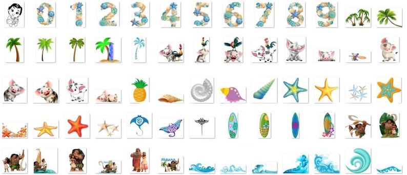 K&ouml;nnte beinhalten: Ein Set mit farbenfrohen digitalen Cliparts mit Charakteren und Objekten aus dem Animationsfilm Vaiana. Das Set enth&auml;lt Zahlen, Palmen, eine Ananas, eine Muschel, einen Seestern, ein Surfbrett, Wellen und mehr.