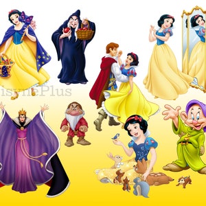 May include: A collection of characters from the classic Disney movie Snow White and the Seven Dwarfs. The characters include Snow White, the Evil Queen, Prince Charming, the dwarfs, and the animals from the forest. The characters are all depicted in their iconic costumes and poses.