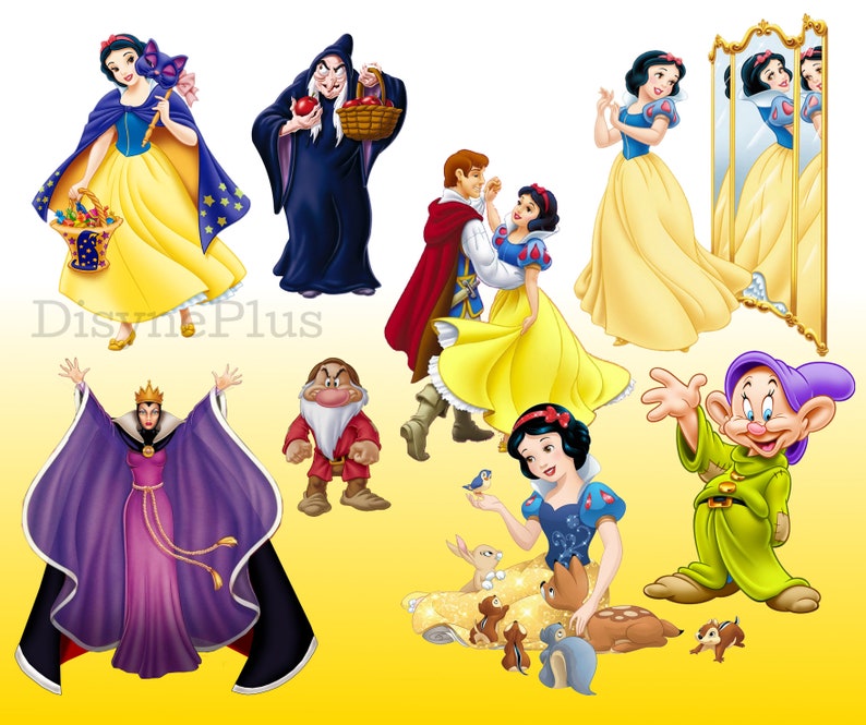 May include: A collection of characters from the classic Disney movie Snow White and the Seven Dwarfs. The characters include Snow White, the Evil Queen, Prince Charming, the dwarfs, and the animals from the forest. The characters are all depicted in their iconic costumes and poses.