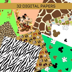 May include: A set of 32 digital papers featuring various jungle animal prints, including zebra stripes, leopard spots, giraffe print, and Mickey Mouse silhouettes. The papers are perfect for crafting, scrapbooking, and digital design projects.