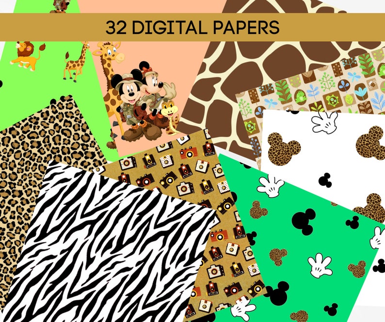 May include: A set of 32 digital papers featuring various jungle animal prints, including zebra stripes, leopard spots, giraffe print, and Mickey Mouse silhouettes. The papers are perfect for crafting, scrapbooking, and digital design projects.