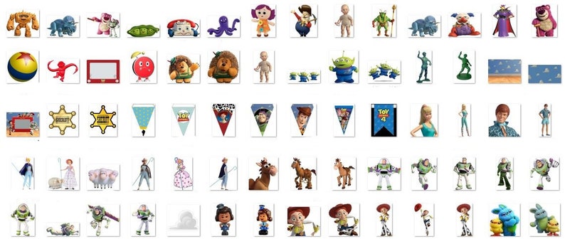 May include: A collection of Toy Story character images, including Woody, Buzz Lightyear, Jessie, and more. The images are colorful and feature a variety of poses and expressions.