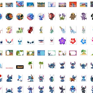 May include: A collection of digital clipart featuring Stitch from the Disney movie Lilo & Stitch. The clipart includes Stitch in various poses, expressions, and settings, as well as other characters and objects from the movie, such as flowers, palm trees, and the text "Lilo & Stitch".