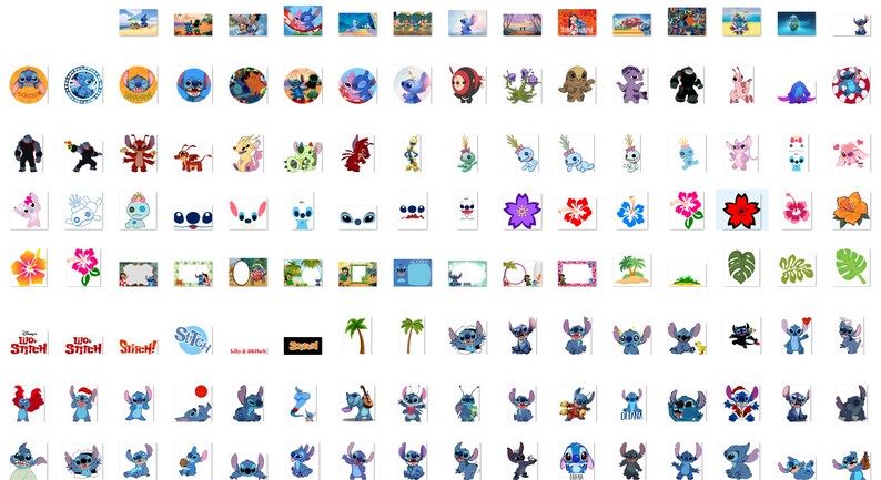 May include: A collection of digital clipart featuring Stitch from the Disney movie Lilo & Stitch. The clipart includes Stitch in various poses, expressions, and settings, as well as other characters and objects from the movie, such as flowers, palm trees, and the text "Lilo & Stitch".