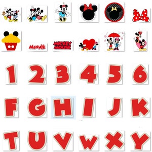 May include: Red and black Mickey Mouse and Minnie Mouse themed alphabet and number stickers. The stickers feature Mickey Mouse and Minnie Mouse characters, along with the letters A through Z and the numbers 0 through 9.