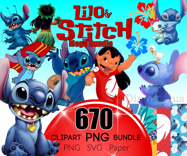 May include: A digital clipart bundle featuring Lilo & Stitch characters. The bundle includes 670 clipart images in PNG and SVG formats, as well as paper backgrounds. The image shows various Stitch characters in different poses, including Stitch surfing, playing the ukulele, and wearing a lei. The text "Lilo & Stitch Mega Bundle" is displayed in red and white letters.