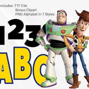 May include: A digital clipart set featuring Buzz Lightyear and Woody from the Toy Story franchise. The set includes a TTF font file, bonus clipart, and a PNG alphabet in 7 styles. The image shows the numbers 123 and the letters ABC in a bold, black font.