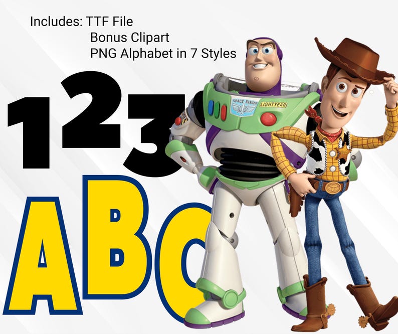 May include: A digital clipart set featuring Buzz Lightyear and Woody from the Toy Story franchise. The set includes a TTF font file, bonus clipart, and a PNG alphabet in 7 styles. The image shows the numbers 123 and the letters ABC in a bold, black font.
