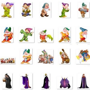 May include: A set of 40 colorful cartoon images featuring Snow White and the Seven Dwarfs. The images include individual portraits of each dwarf, Snow White, and the Evil Queen. There are also group images of the dwarfs and Snow White together.