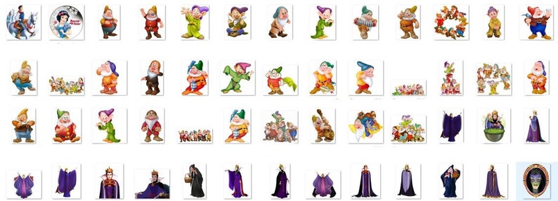 May include: A set of 40 colorful cartoon images featuring Snow White and the Seven Dwarfs. The images include individual portraits of each dwarf, Snow White, and the Evil Queen. There are also group images of the dwarfs and Snow White together.