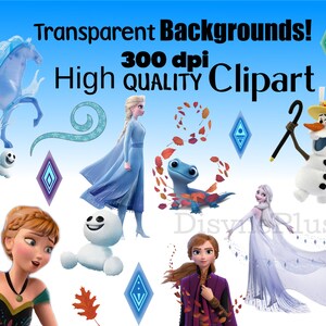 May include: A digital clipart set featuring characters from the animated film Frozen. The set includes Elsa, Anna, Olaf, Kristoff, Sven, and other characters. The characters are depicted in various poses and expressions. The clipart is suitable for use in digital projects such as scrapbooking, card making, and web design.