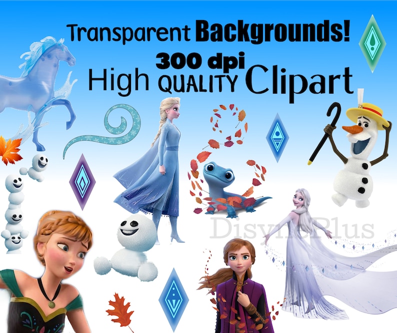 May include: A digital clipart set featuring characters from the animated film Frozen. The set includes Elsa, Anna, Olaf, Kristoff, Sven, and other characters. The characters are depicted in various poses and expressions. The clipart is suitable for use in digital projects such as scrapbooking, card making, and web design.
