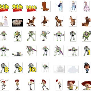 May include: A set of 40 colorful printable cupcake toppers featuring characters from the Toy Story movie franchise. The toppers include Buzz Lightyear, Woody, Jessie, and other characters. The toppers are perfect for a Toy Story themed birthday party.