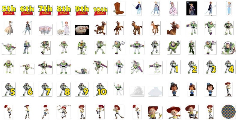 May include: A set of 40 colorful printable cupcake toppers featuring characters from the Toy Story movie franchise. The toppers include Buzz Lightyear, Woody, Jessie, and other characters. The toppers are perfect for a Toy Story themed birthday party.