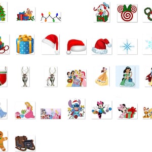 K&ouml;nnte beinhalten: Eine Sammlung von Clipart-Bildern zum Thema Weihnachten und Disney. Die Bilder zeigen verschiedene Figuren, Objekte und Symbole, wie zum Beispiel den Weihnachtsmann, Mickey Mouse, einen Weihnachtsbaum, Geschenke und Schneeflocken.