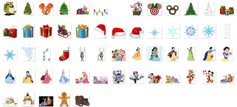 K&ouml;nnte beinhalten: Eine Sammlung von Clipart-Bildern zum Thema Weihnachten und Disney. Die Bilder zeigen verschiedene Figuren, Objekte und Symbole, wie zum Beispiel den Weihnachtsmann, Mickey Mouse, einen Weihnachtsbaum, Geschenke und Schneeflocken.
