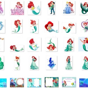 Puede incluir: Colecci&oacute;n de varias ilustraciones que presentan a una sirena pelirroja, en diferentes poses y entornos. Algunas im&aacute;genes muestran a la sirena con una cola verde, otras con vestidos y algunas con otros personajes. Las ilustraciones est&aacute;n sobre un fondo blanco.