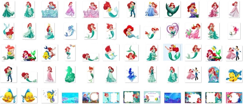 Puede incluir: Colecci&oacute;n de varias ilustraciones que presentan a una sirena pelirroja, en diferentes poses y entornos. Algunas im&aacute;genes muestran a la sirena con una cola verde, otras con vestidos y algunas con otros personajes. Las ilustraciones est&aacute;n sobre un fondo blanco.