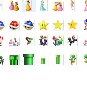 Op de afbeelding: Een set kleurrijke pictogrammen met personages en objecten uit de Super Mario Bros. videogame-franchise. De pictogrammen omvatten Mario, Luigi, Princess Peach, Toad, Goombas, Koopa Troopas, Yoshi en meer.