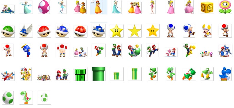 Op de afbeelding: Een set kleurrijke pictogrammen met personages en objecten uit de Super Mario Bros. videogame-franchise. De pictogrammen omvatten Mario, Luigi, Princess Peach, Toad, Goombas, Koopa Troopas, Yoshi en meer.