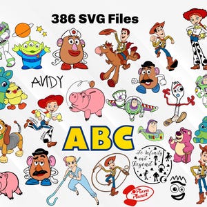 May include: A collection of 386 Toy Story SVG files featuring characters like Woody, Buzz Lightyear, Jessie, Mr. and Mrs. Potato Head, Rex, Slinky Dog, Hamm, and more. The characters are depicted in various poses and expressions, including some with the text "ANDY" and "ABC".