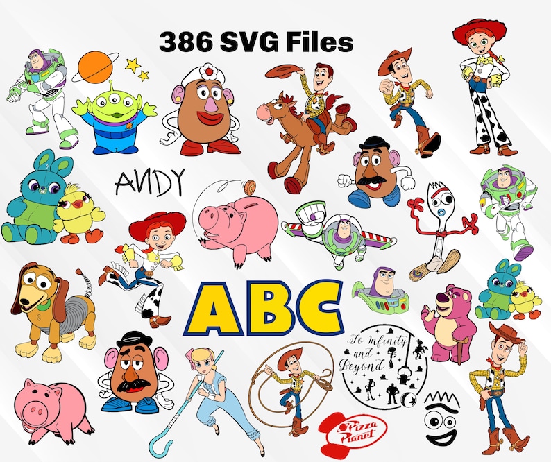 May include: A collection of 386 Toy Story SVG files featuring characters like Woody, Buzz Lightyear, Jessie, Mr. and Mrs. Potato Head, Rex, Slinky Dog, Hamm, and more. The characters are depicted in various poses and expressions, including some with the text "ANDY" and "ABC".