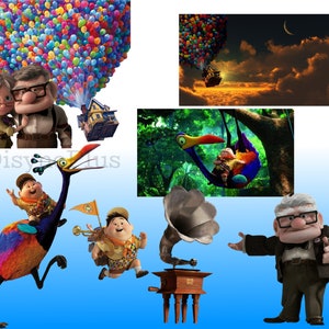 Puede incluir: Una ilustraci&oacute;n colorida con personajes de la pel&iacute;cula animada Up. La imagen incluye una casa unida a globos, un p&aacute;jaro de cuello largo, un gram&oacute;fono y un hombre con un bast&oacute;n.